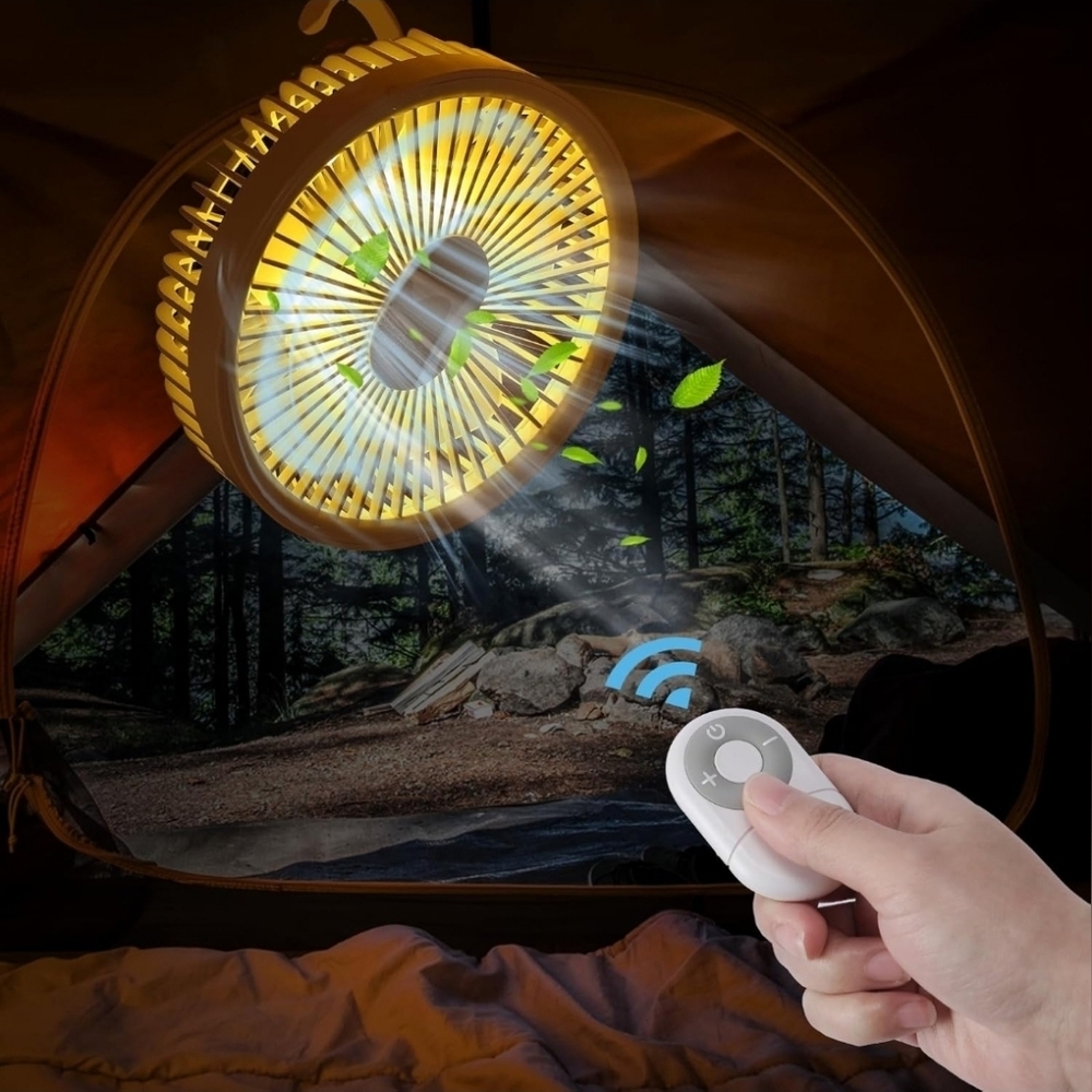 Camping Tent Fan with LED Light & Remote | Rechargeable Portable Outdoor Hanging